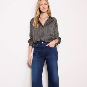 Evereve Monica Satin Stripe Shirt Blouse Black Cream Button Up Office Large